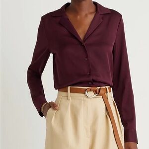 Quince Washable Stretch Silk Notch Collar Blouse in Wine Tasting Red